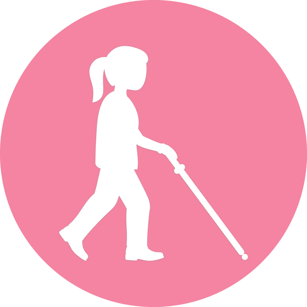 Carrie on Accessibility Logo. Silhouette of girl with a ponytail, walking with a cane on a pink background.